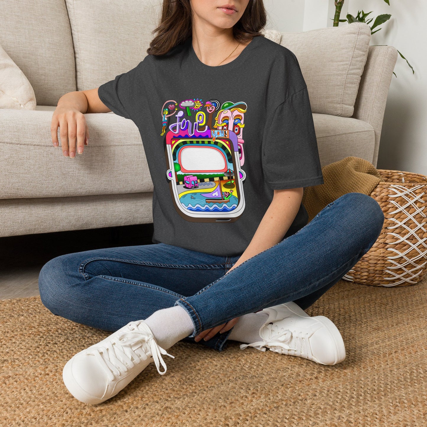 Retro Colorful 'Joy' Graphic T-Shirt – 70s Pop Art Travel Window Tee