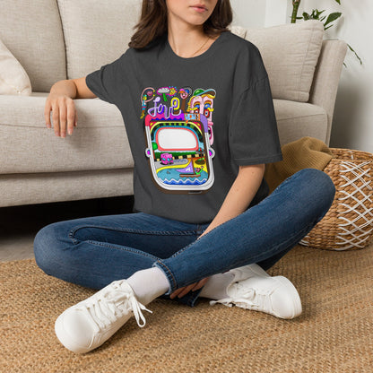 Retro Colorful 'Joy' Graphic T-Shirt – 70s Pop Art Travel Window Tee