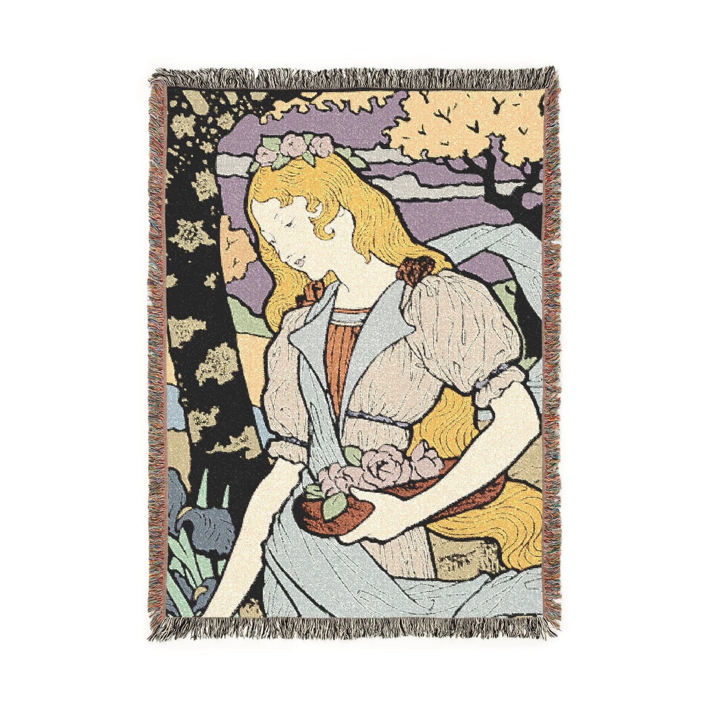 Art Nouveau Woven Throw Blanket — Vintage Floral Woman Tapestry