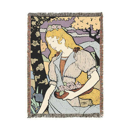 Art Nouveau Woven Throw Blanket — Vintage Floral Woman Tapestry