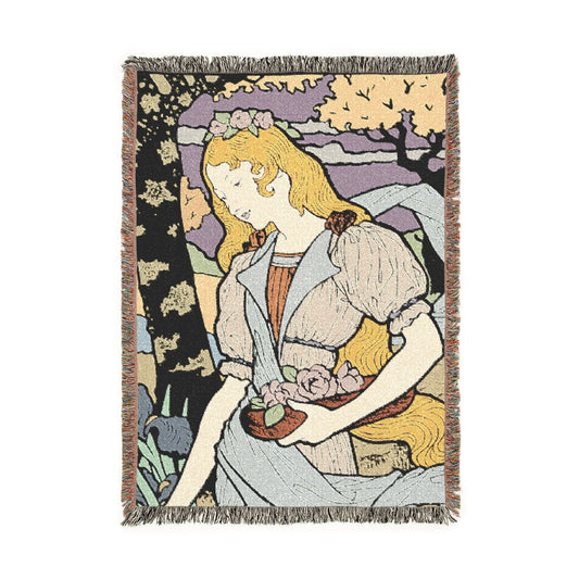 Art Nouveau Woven Throw Blanket — Vintage Floral Woman Tapestry