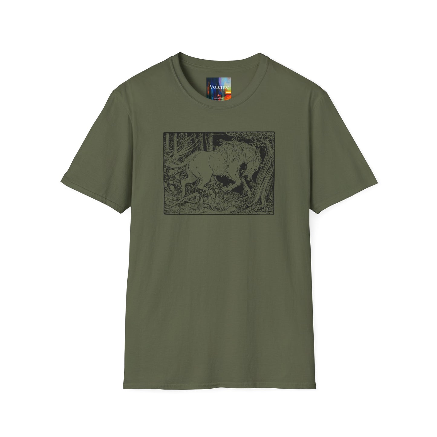 Mystic Forest Unicorn T-Shirt — Hand-Drawn Monochrome Fantasy Tee