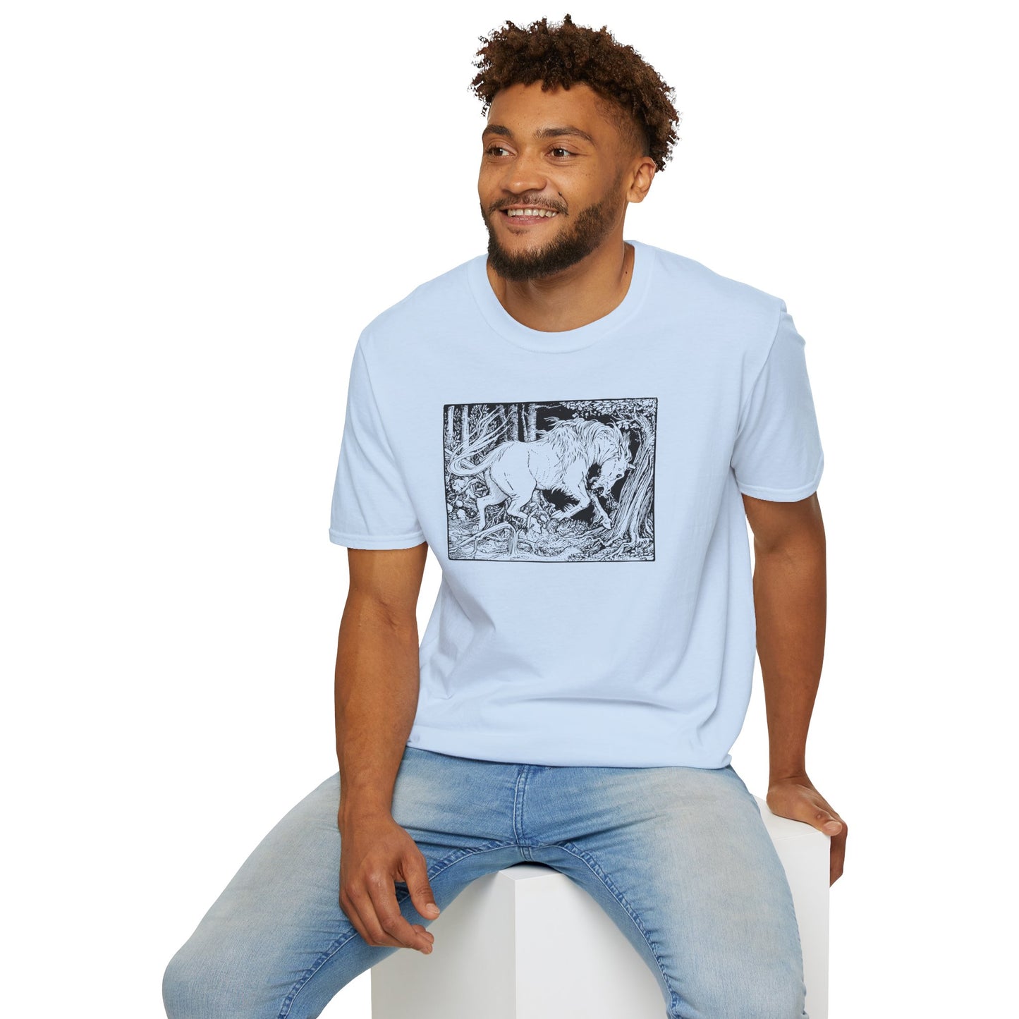 Mystic Forest Unicorn T-Shirt — Hand-Drawn Monochrome Fantasy Tee